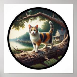 Póster Imagen circular en 3D de un hermoso gato calico