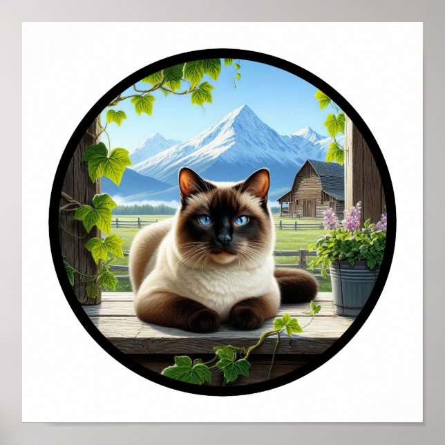 Póster Imagen circular en 3D de un hermoso gato siamés (Frente)