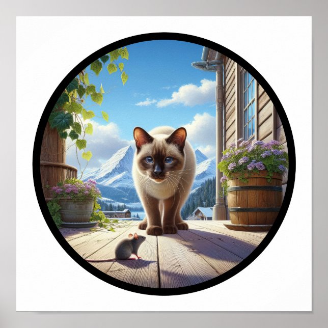Póster Imagen circular en 3D de un hermoso gato siamés (Frente)