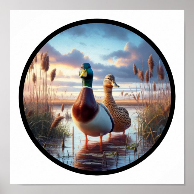 Póster Imagen circular en 3D de un Mallard masculino y fe (Frente)