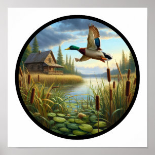 Póster Imagen circular en 3D de un pato mallard volando