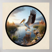 Imagen circular en 3D de un pelícano blanco estado