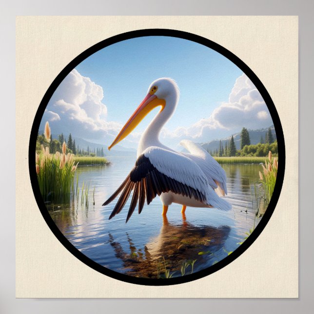 Póster Imagen circular en 3D de un pelícano blanco estado (Frente)