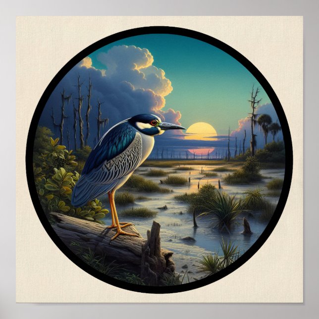 Póster Imagen circular en 3D de una garza nocturna de cor (Frente)