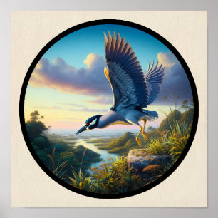 Póster Imagen circular en 3D de una garza nocturna de cor