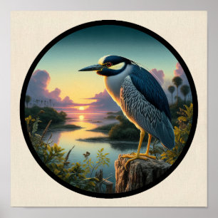 Póster Imagen circular en 3D de una garza nocturna de cor