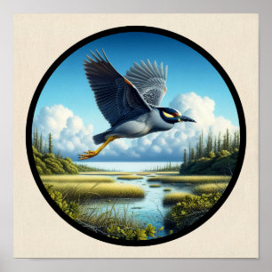 Póster Imagen circular en 3D de una garza nocturna de cor