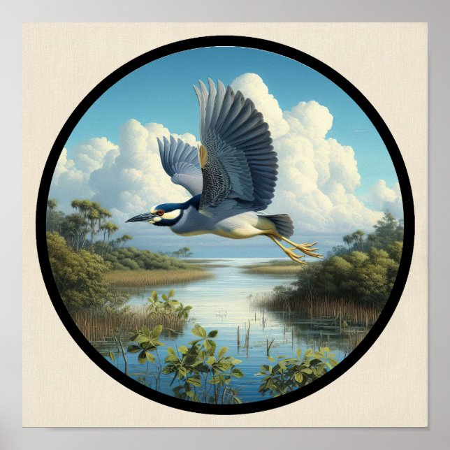 Póster Imagen circular en 3D de una garza nocturna de cor (Frente)