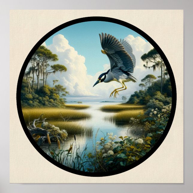 Póster Imagen circular en 3D de una garza nocturna de cor (Frente)