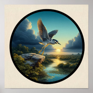 Póster Imagen circular en 3D de una garza nocturna de cor