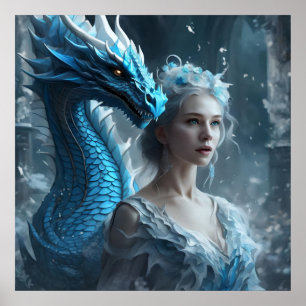 Póster - imagen de IA de dragón y niña de hielo az
