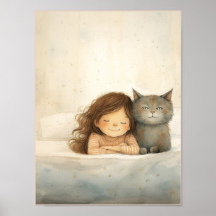 Póster Imagen de niña pequeña y gato