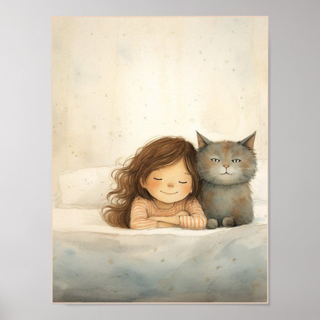 Póster Imagen de niña pequeña y gato (Frente)