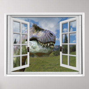 Póster Imagen de T-Rex Dinosaurio Vista Ventana Falsa