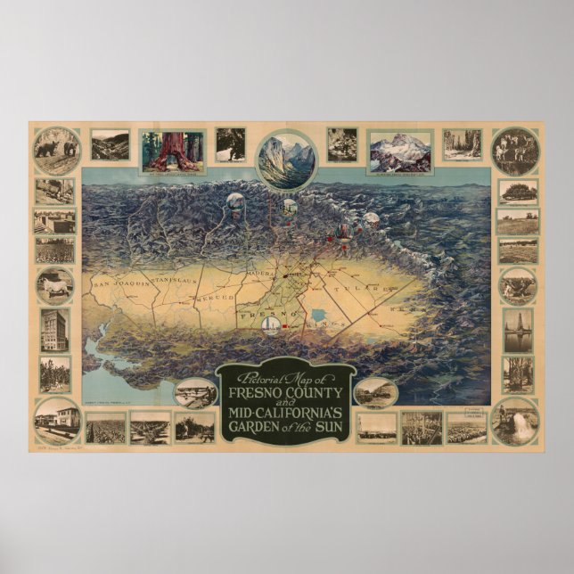 Póster Imagen del Condado de Map Fresno, Jardín del Sol (Frente)