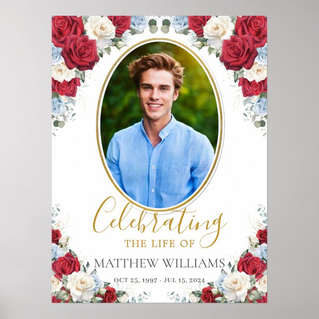 Póster Imagen floral rojo blanco azul Funeral Memorial (Frente)