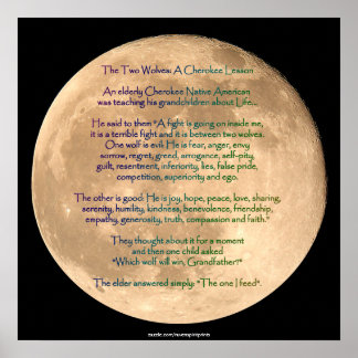 Póster Imagen lunar con 2 WOLVES CHEROKEE TALE Art Poster
