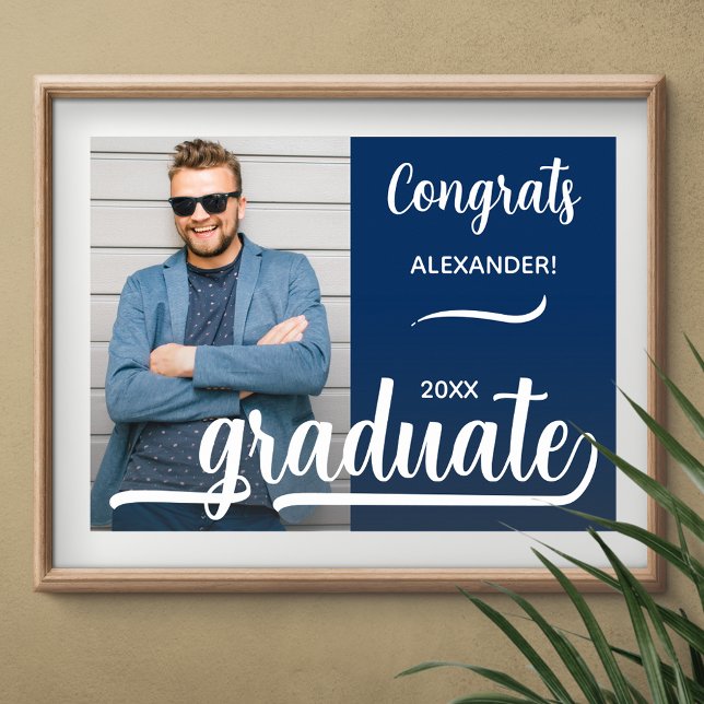 Póster Imagen moderna de graduación azul (Congrats Graduate blue poster with your photo, INSTANT DOWNLOAD and/or PRINTED)