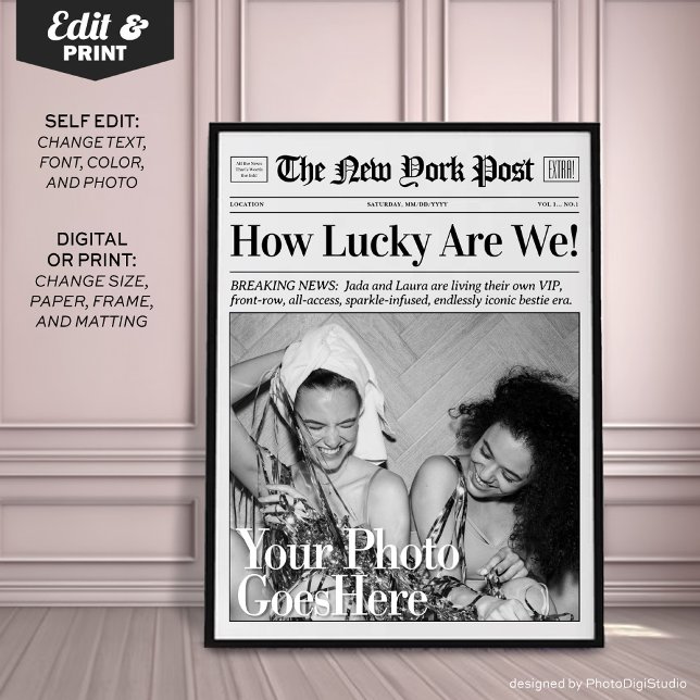 Póster Imagen personalizada de periódico 'Qué afortunados (Personalized Newspaper Print 'How Lucky Are We')