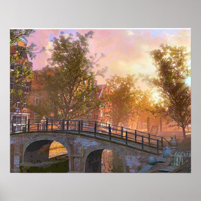 Póster Imagen vintage, Delft, puente sobre un canal (Frente)