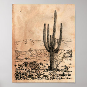 Póster Imagen vintage Papel manchado del desierto Cactus 