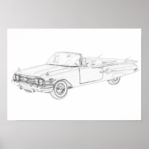 Póster Impala Chevy Impala convertible en blanco y negro 