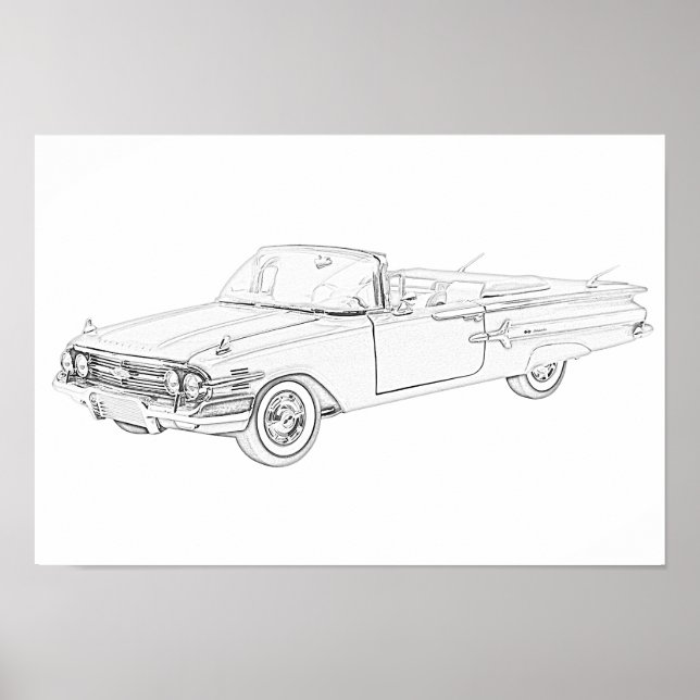 Póster Impala Chevy Impala convertible en blanco y negro  (Frente)