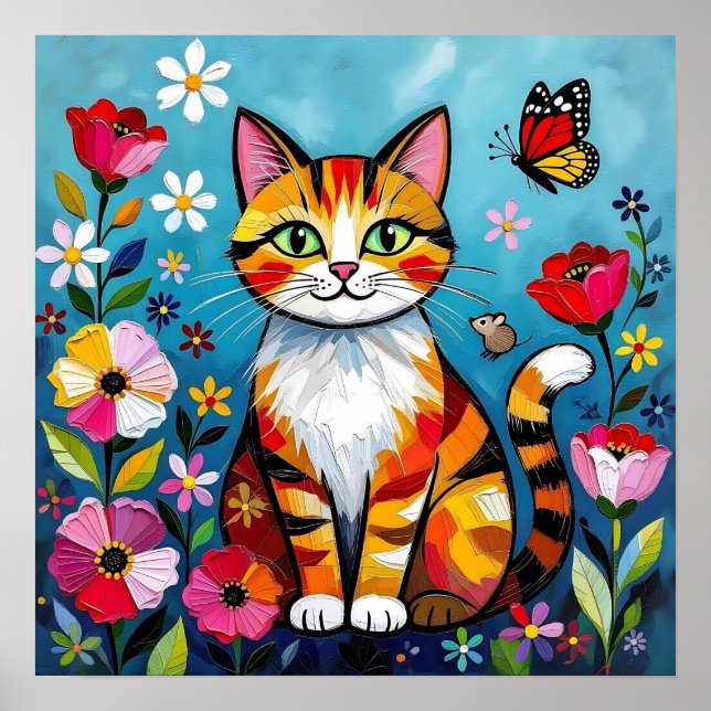 Póster Impasto Cat, Flowers & Butterfly (Frente)