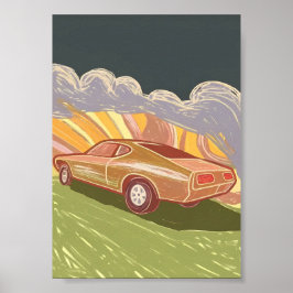 Póster Impasto Retro Muscle Car Swirling Road Sunset Art 