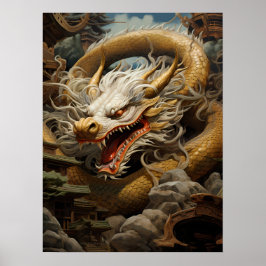 Póster Impresión/ Ilustracion de dragón amarillo y blanco