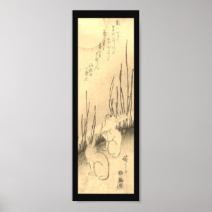 Poster: IMPRESIÓN JAPONESA DE DOS CONEJOS Y LA LUN