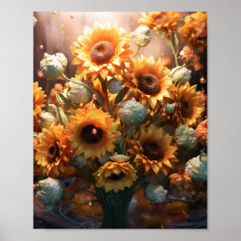 Póster Impresionante acuarela Art Floral Sunflowers Bouqu