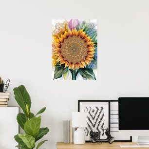 Póster Impresionante acuarela girasol: Diseño Boho Mandal