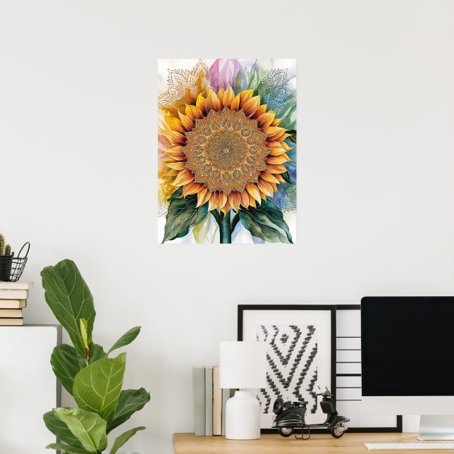 Póster Impresionante acuarela girasol: Diseño Boho Mandal (Oficina en casa)
