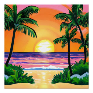 Póster Impresionante acuarela Palm Trees Sunset