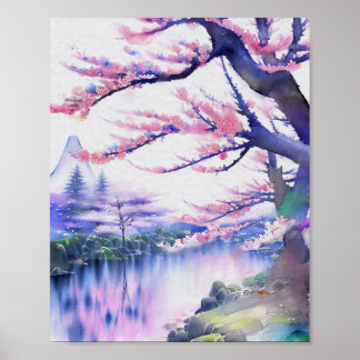 Póster Impresionante acuarela Sakura Cherry Blossom Pintu