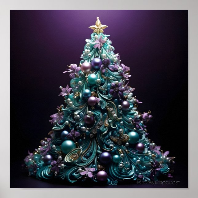 Póster Impresionante árbol de Navidad Verde azulado y púr (Frente)