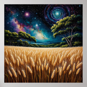 Póster Impresionante Campo de Trigo Bajo un Cielo Nocturn