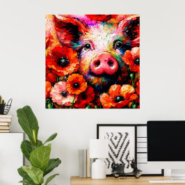 Póster Impresionante cerdo en flores de amapola roja