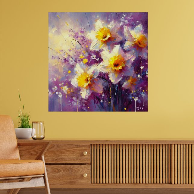 Póster Impresionante Daffodil Floral Purple Yellow Art (Salón 2)