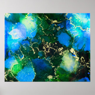 Póster Impresionante pintura azul y dorada de tinta de al