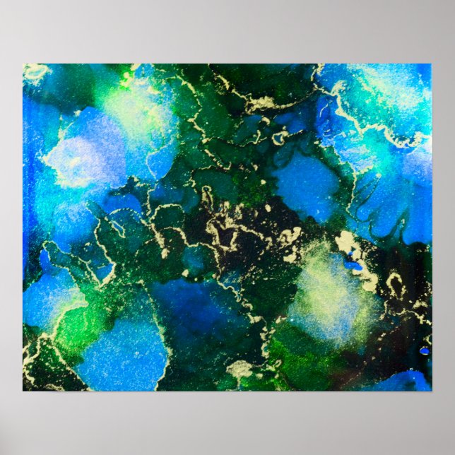 Póster Impresionante pintura azul y dorada de tinta de al (Frente)