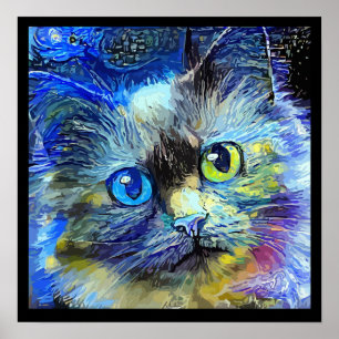 Póster Impresionante retrato gato azul amarillo negro