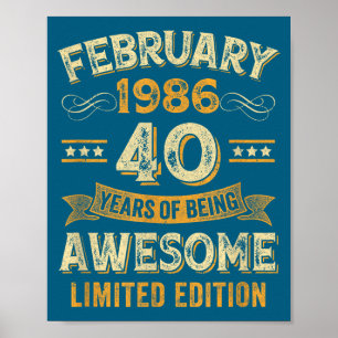 Póster Impresionante Vintage Febrero 1986 40 Cumpleaños