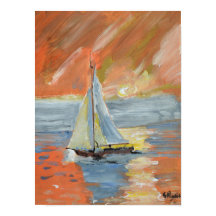 Impresionista de Velero Atardecer Dorado