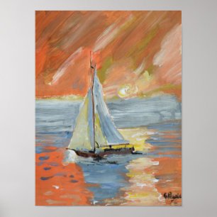 Póster Impresionista de Velero Atardecer Dorado