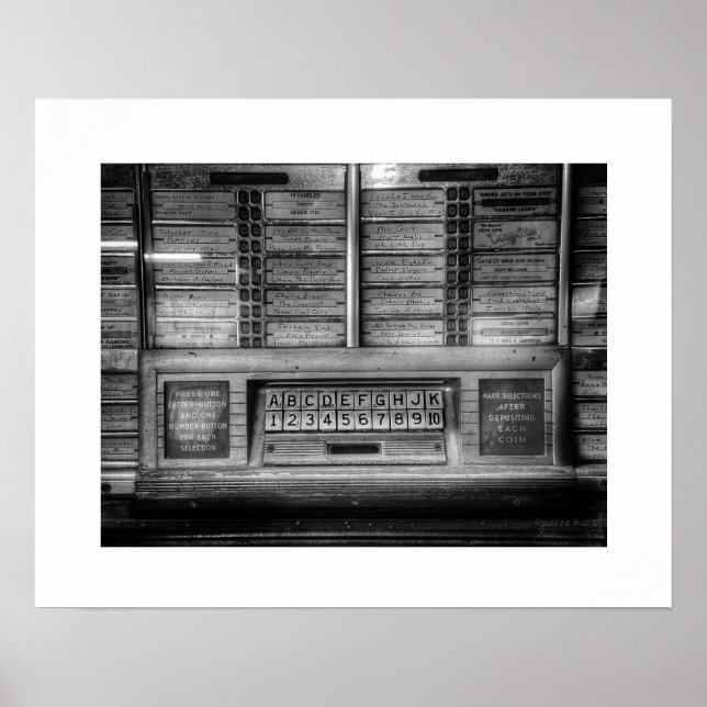 Póster impreso de la jukebox en blanco y negro (Frente)