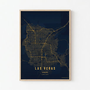 Póster impreso de oro de Las Vegas Mapa de Nevada 
