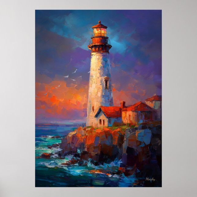 Póster Impressionist Coastal Lighthouse Seascape Painting (Frente)