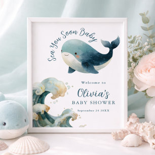 Póster Imprimible Ballena Sea You Soon Baby Shower Blanco